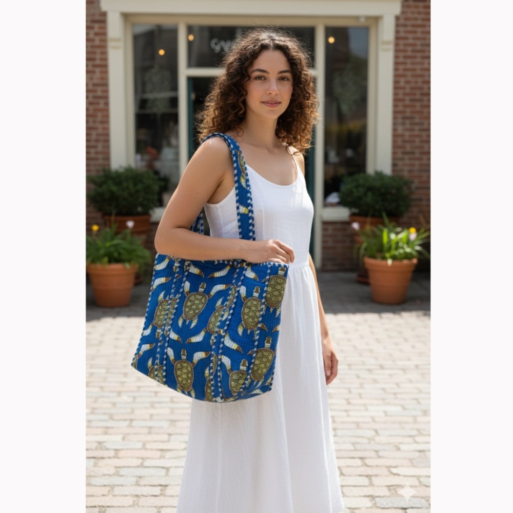 Block Printed Reversable Turtle Tote